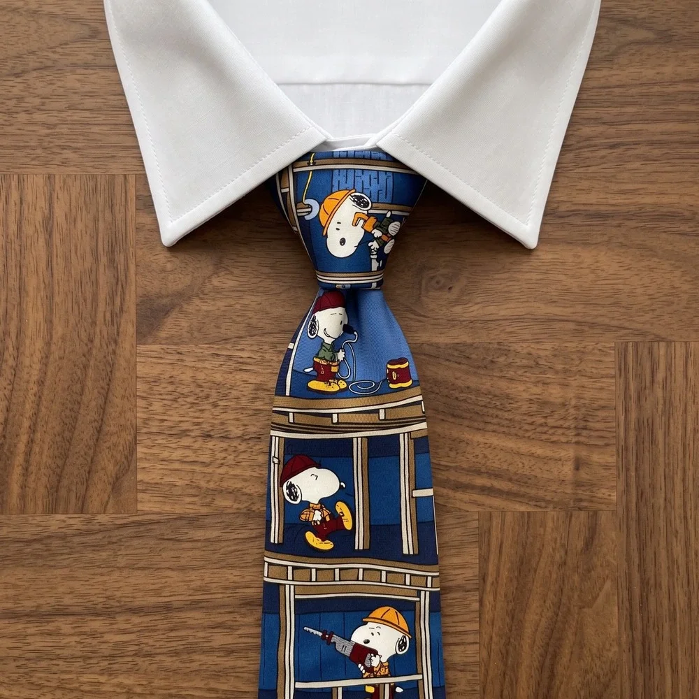 Vintage Made in USA Peanuts Snoopy Mr Fix-It Construction Silk Tie Blue Mens